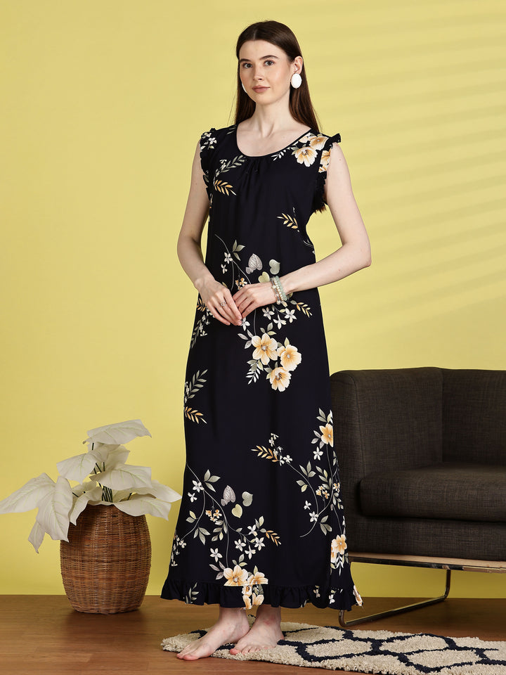 Navy Blue Rayon Sleeveless Nightdress for Women