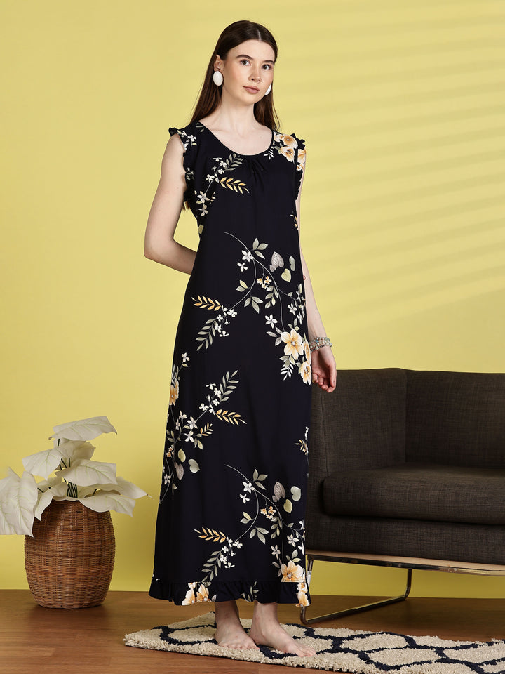Navy Blue Rayon Sleeveless Nightdress for Women