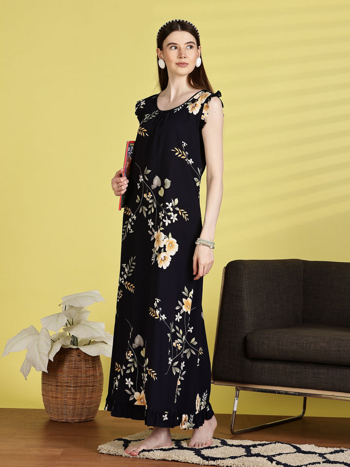 Navy Blue Rayon Sleeveless Nightdress for Women
