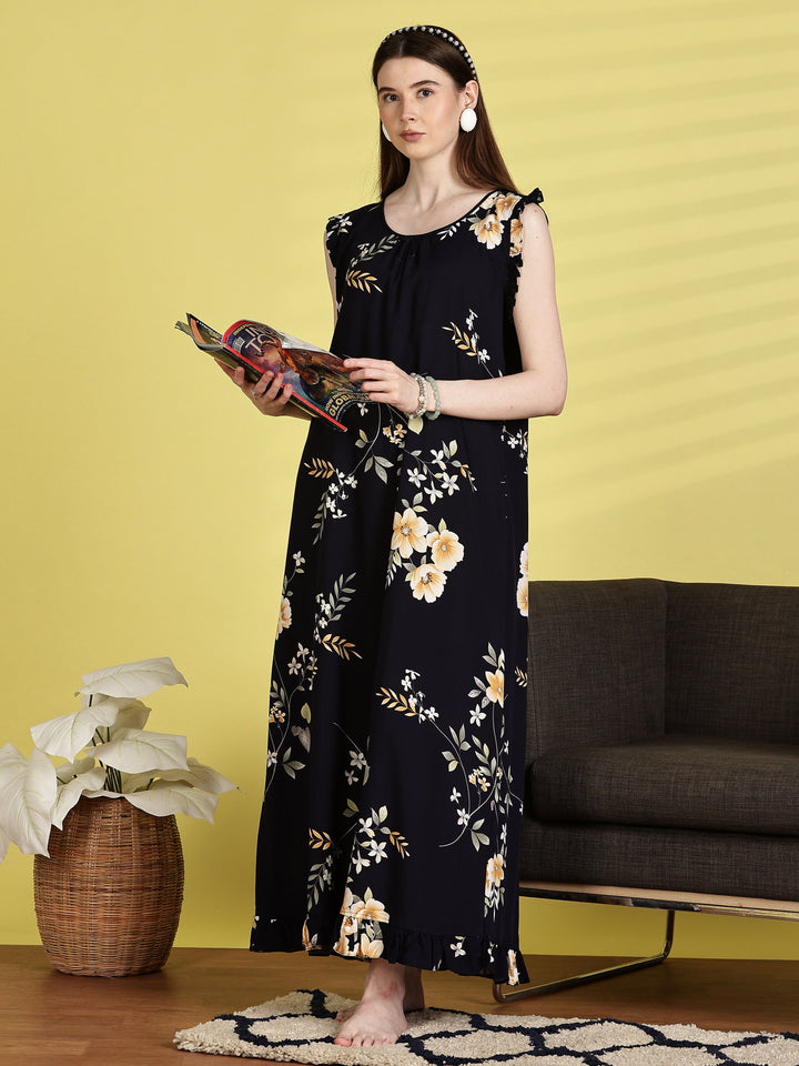 Navy Blue Rayon Sleeveless Nightdress for Women