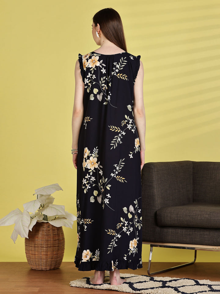 Navy Blue Rayon Sleeveless Nightdress for Women