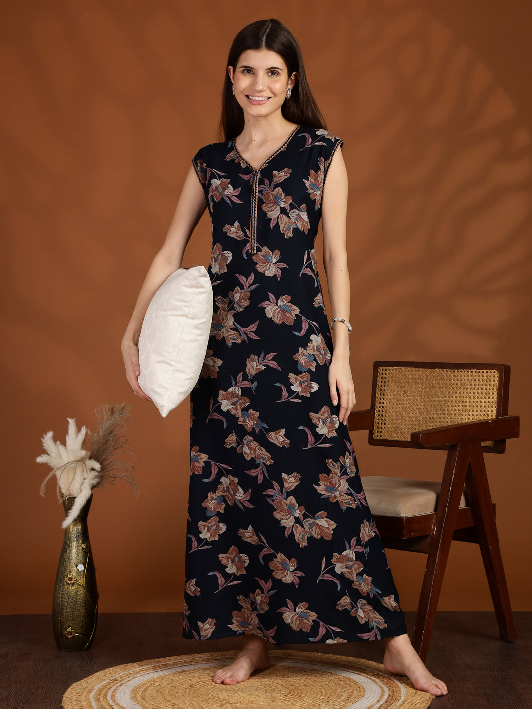 Navy Blue Floral Sleeveless Nighty for Women