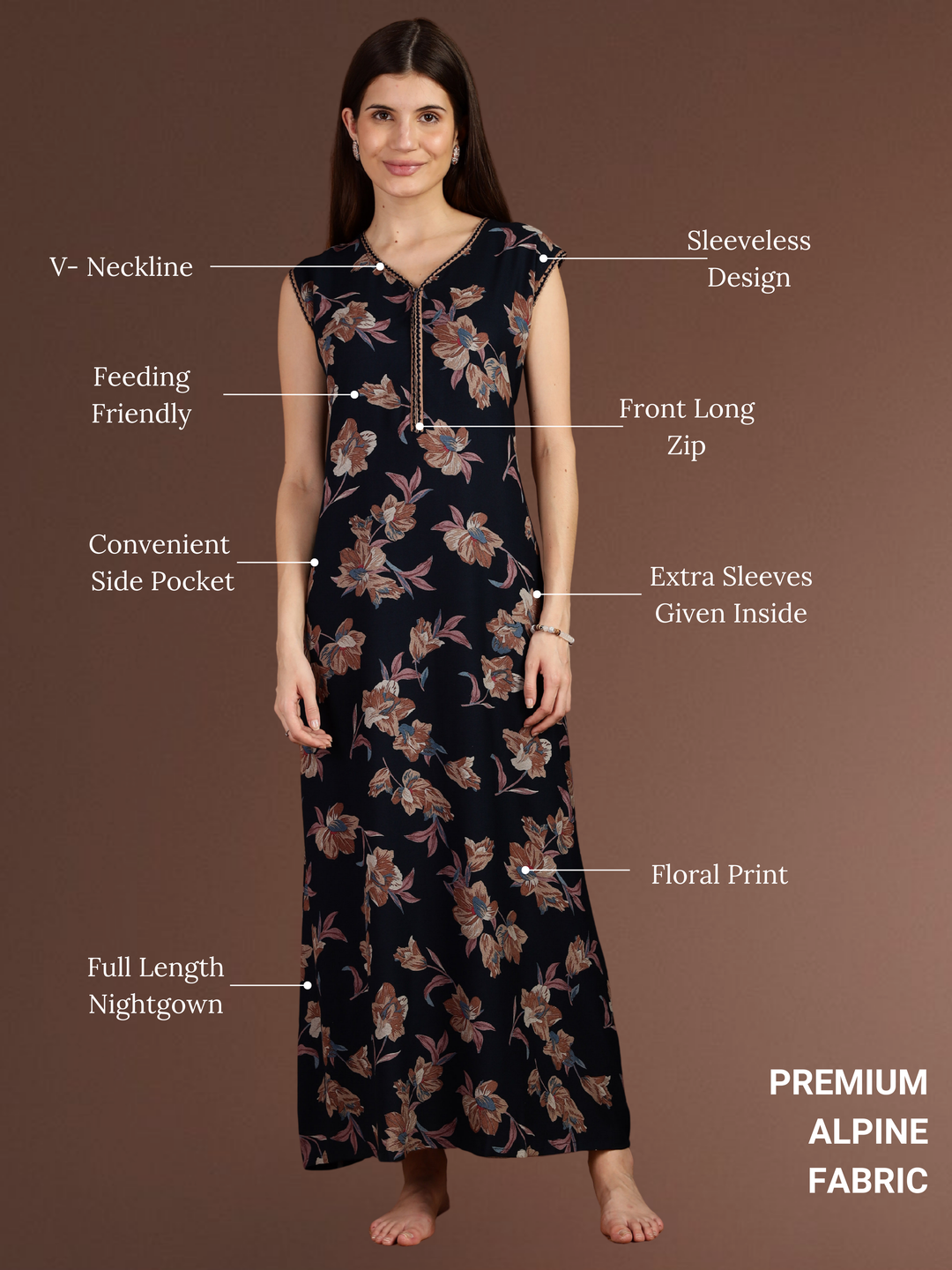 Navy Blue Floral Sleeveless Nighty for Women