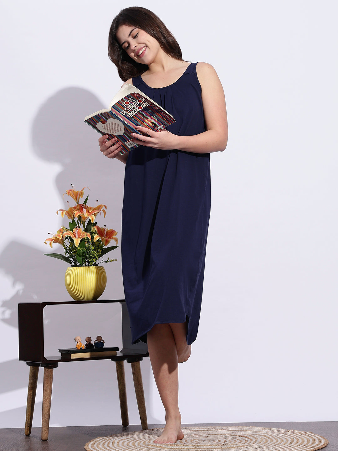 Hosiery Cotton Navy Blue Best Sleeveless Nighty for Women