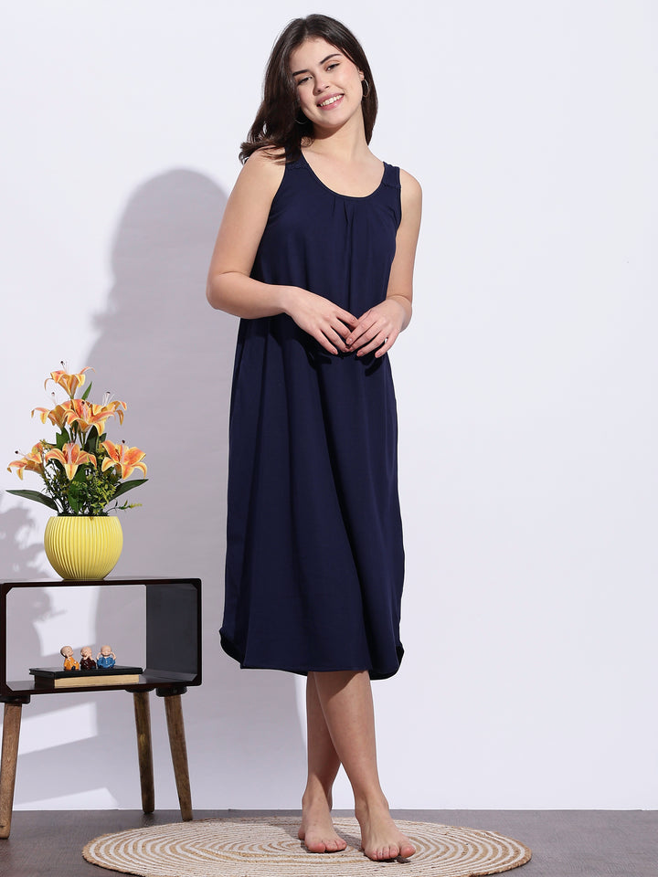 Hosiery Cotton Navy Blue Best Sleeveless Nighty for Women