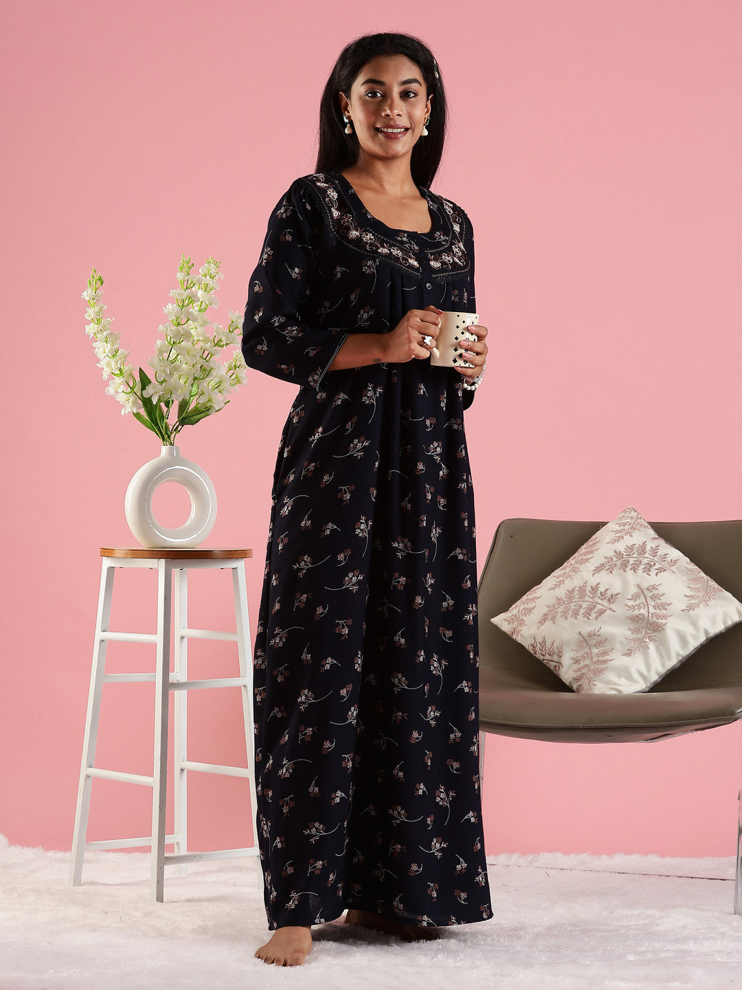 Navy Floral Front Open Nighty with Embroidery and Pocket