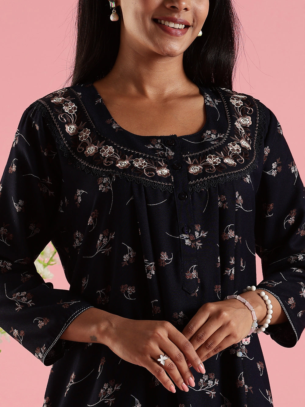 Navy Floral Front Open Nighty with Embroidery and Pocket