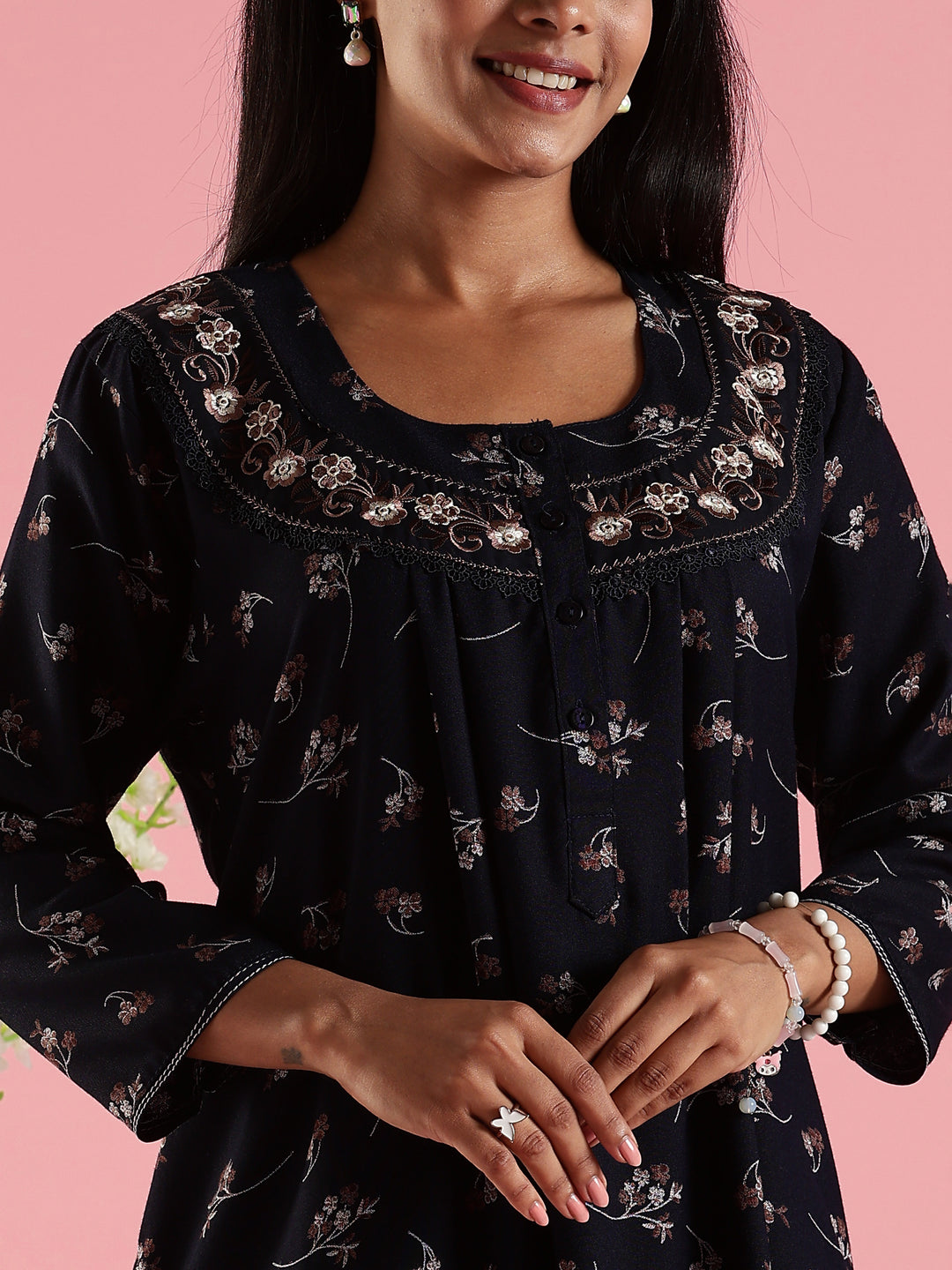 Navy Floral Front Open Nighty with Embroidery and Pocket