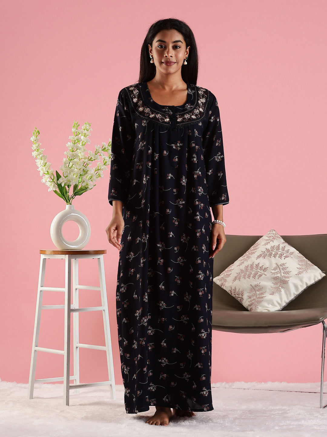 Navy Floral Front Open Nighty with Embroidery and Pocket