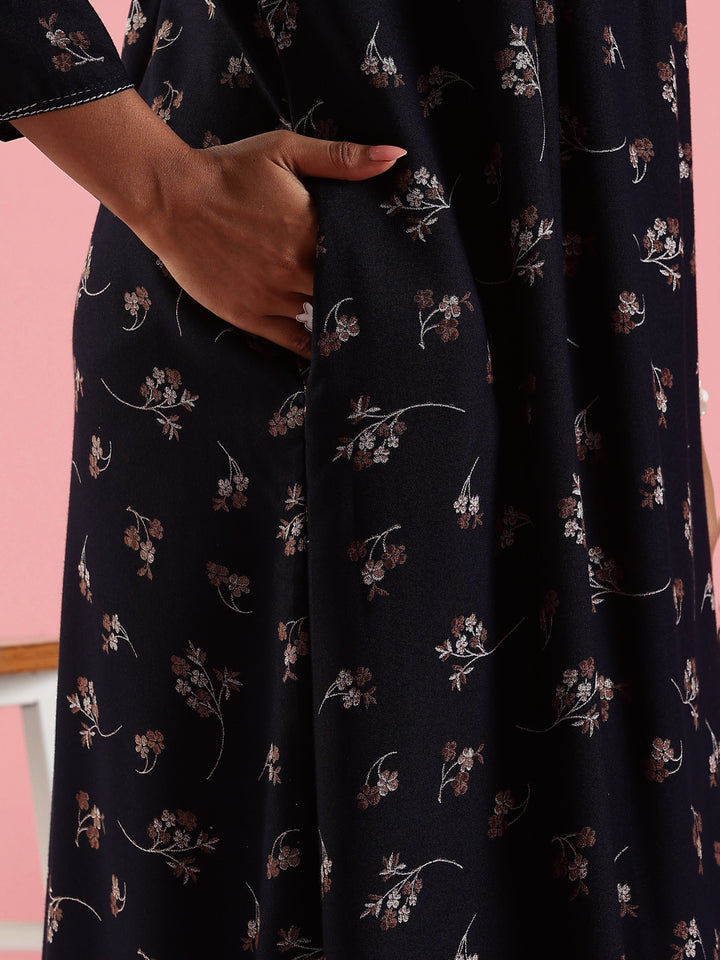 Navy Floral Front Open Nighty with Embroidery and Pocket