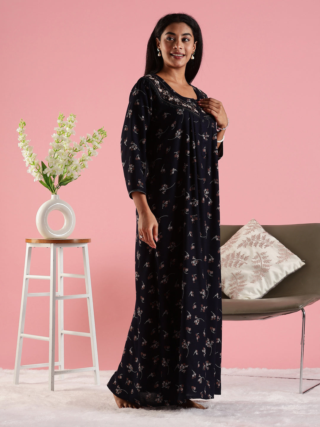 Navy Floral Front Open Nighty with Embroidery and Pocket