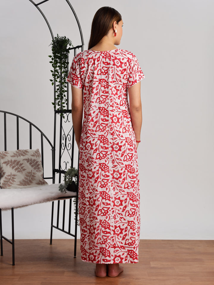 Red Batik Print Cotton Nighty for Women