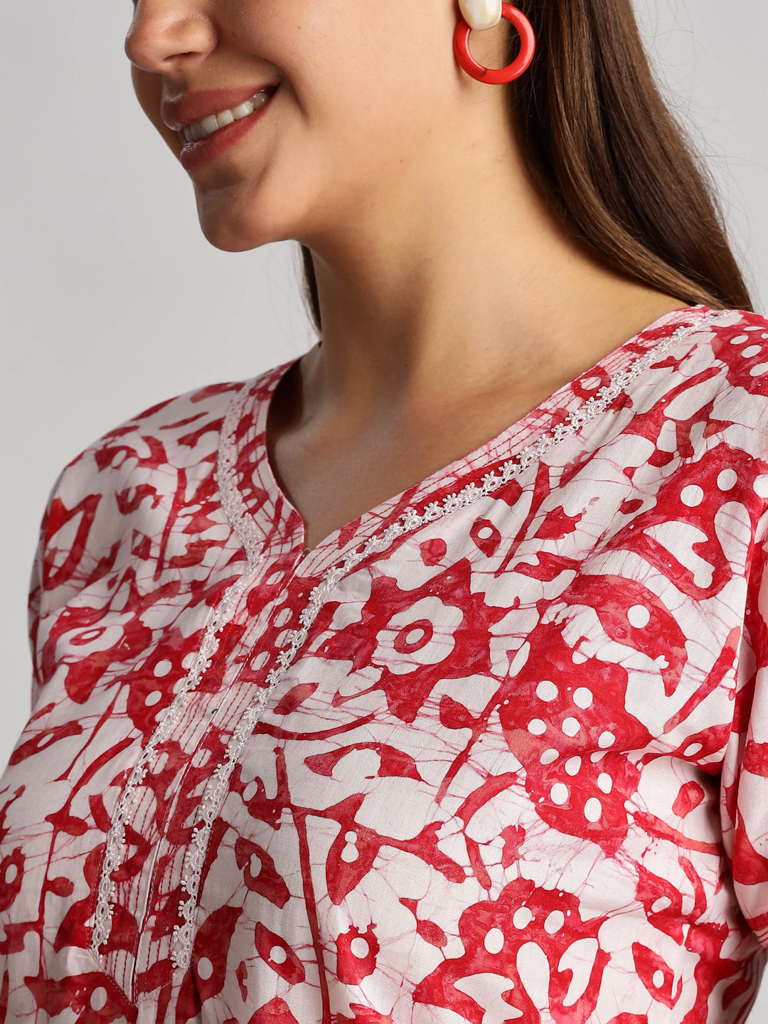 Red Batik Print Cotton Nighty for Women
