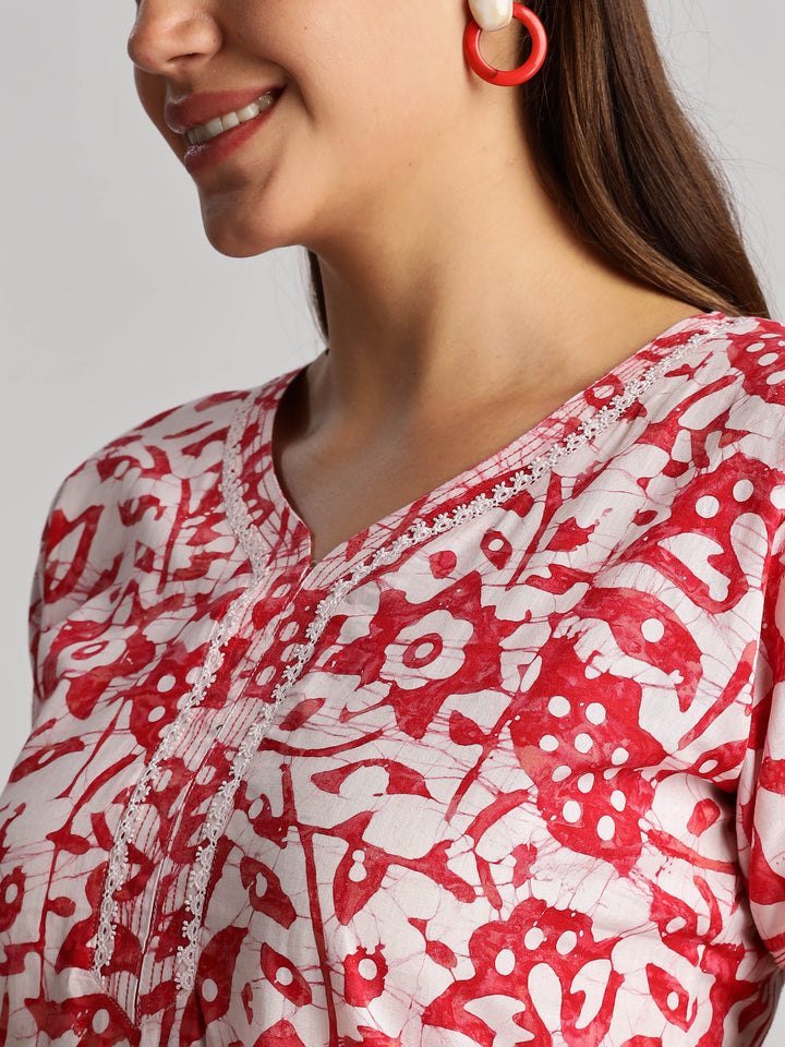 Red Batik Print Cotton Nighty for Women