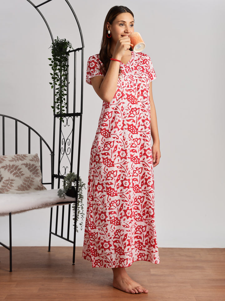 Red Batik Print Cotton Nighty for Women