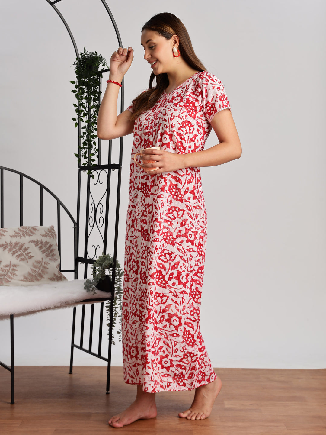 Red Batik Print Cotton Nighty for Women