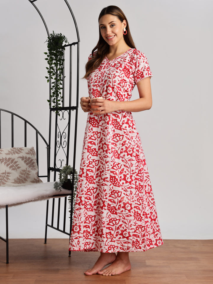 Red Batik Print Cotton Nighty for Women