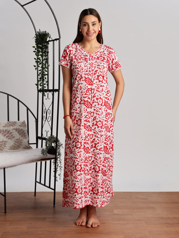 Red Batik Print Cotton Nighty for Women