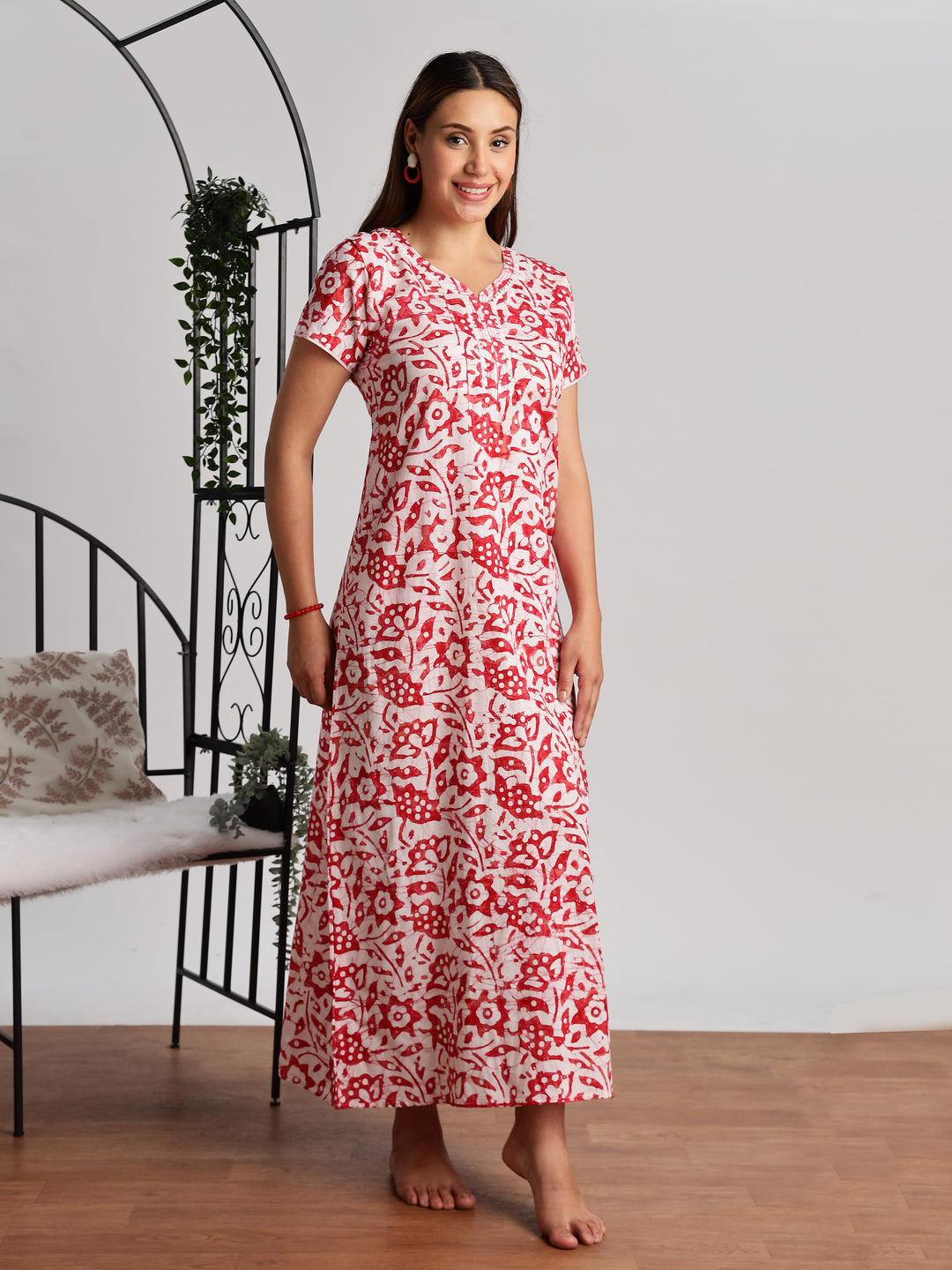 Red Batik Print Cotton Nighty for Women
