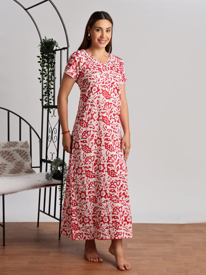 Red Batik Print Cotton Nighty for Women