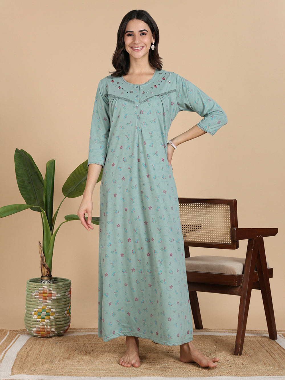 Ocean Mint Cotton Blend Front Open Nighty with Pocket And Feeding Buttons