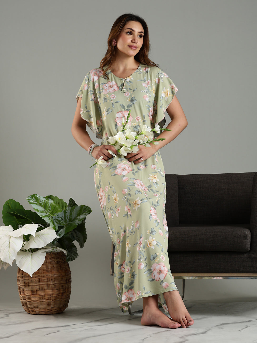 Olive Frock Type Nighty For Women with Side Pocket