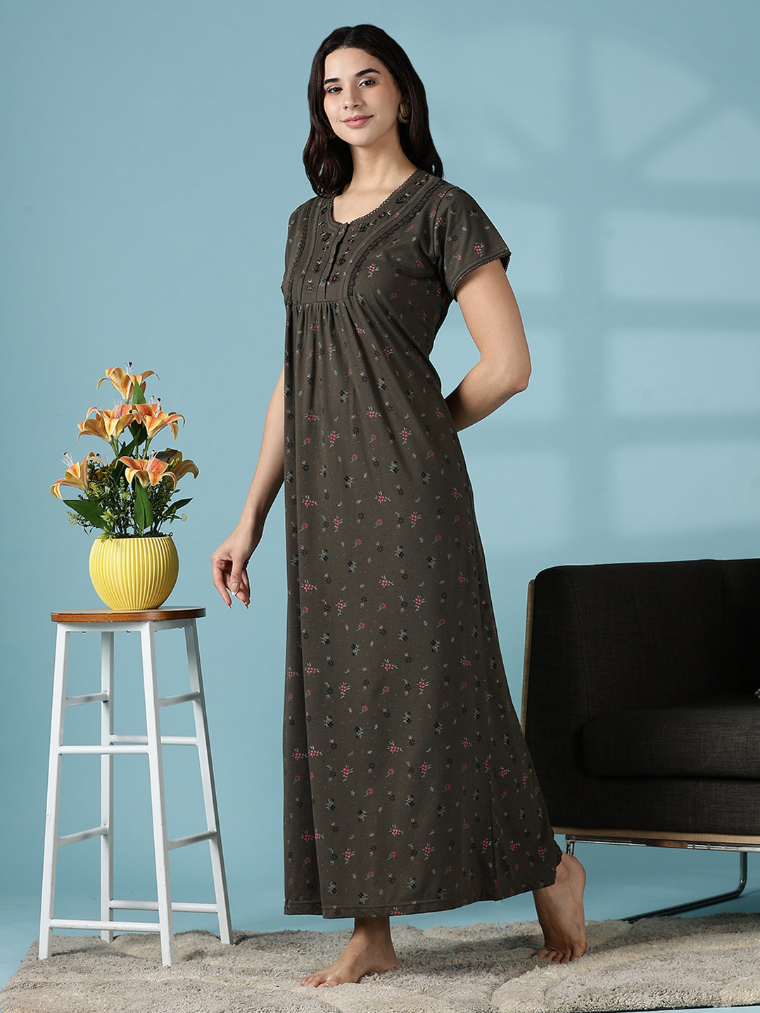 Dusty Olive Green Cotton Blend Nighty Dress for Women