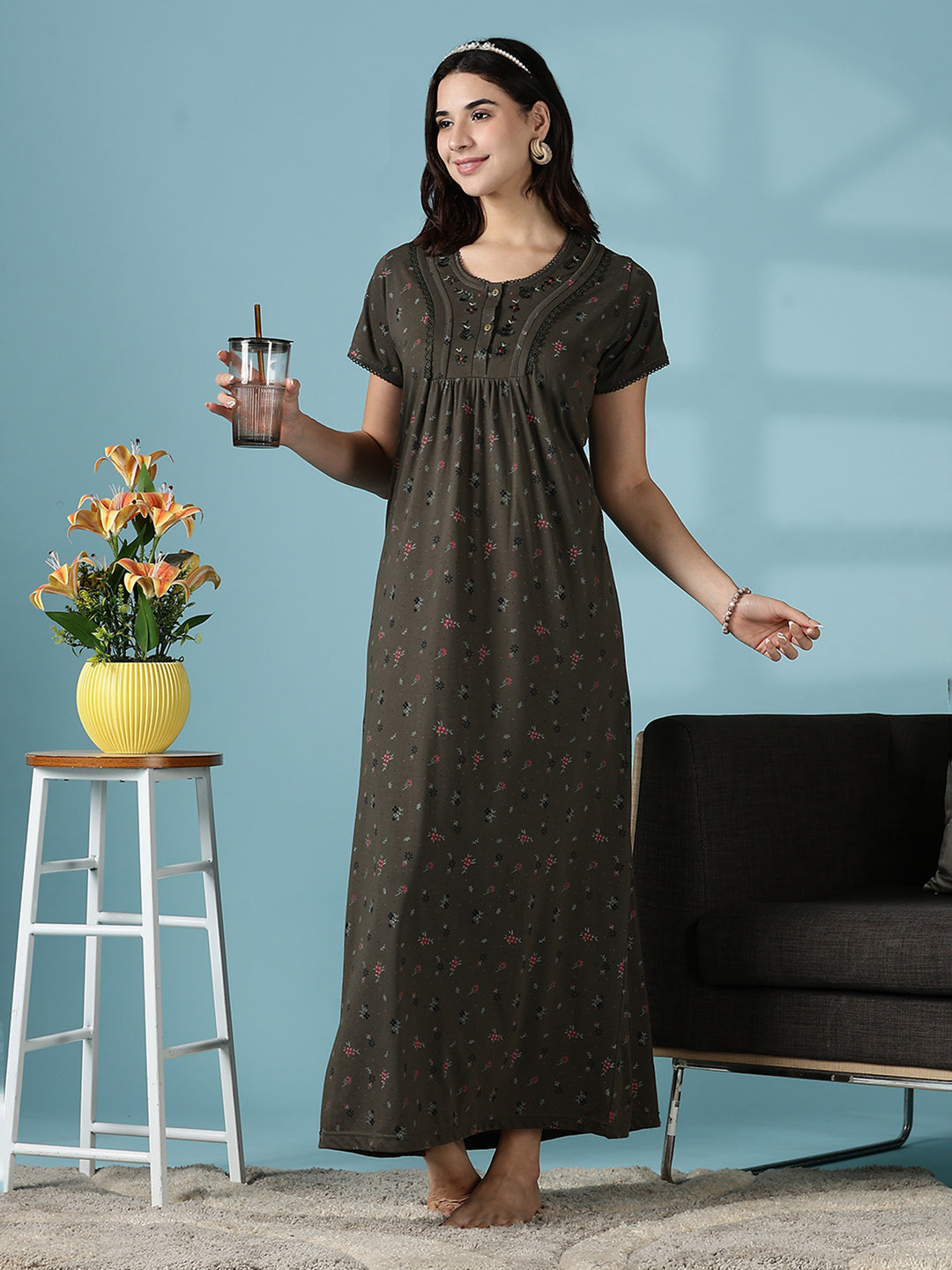 Dusty Olive Green Cotton Blend Nighty Dress for Women