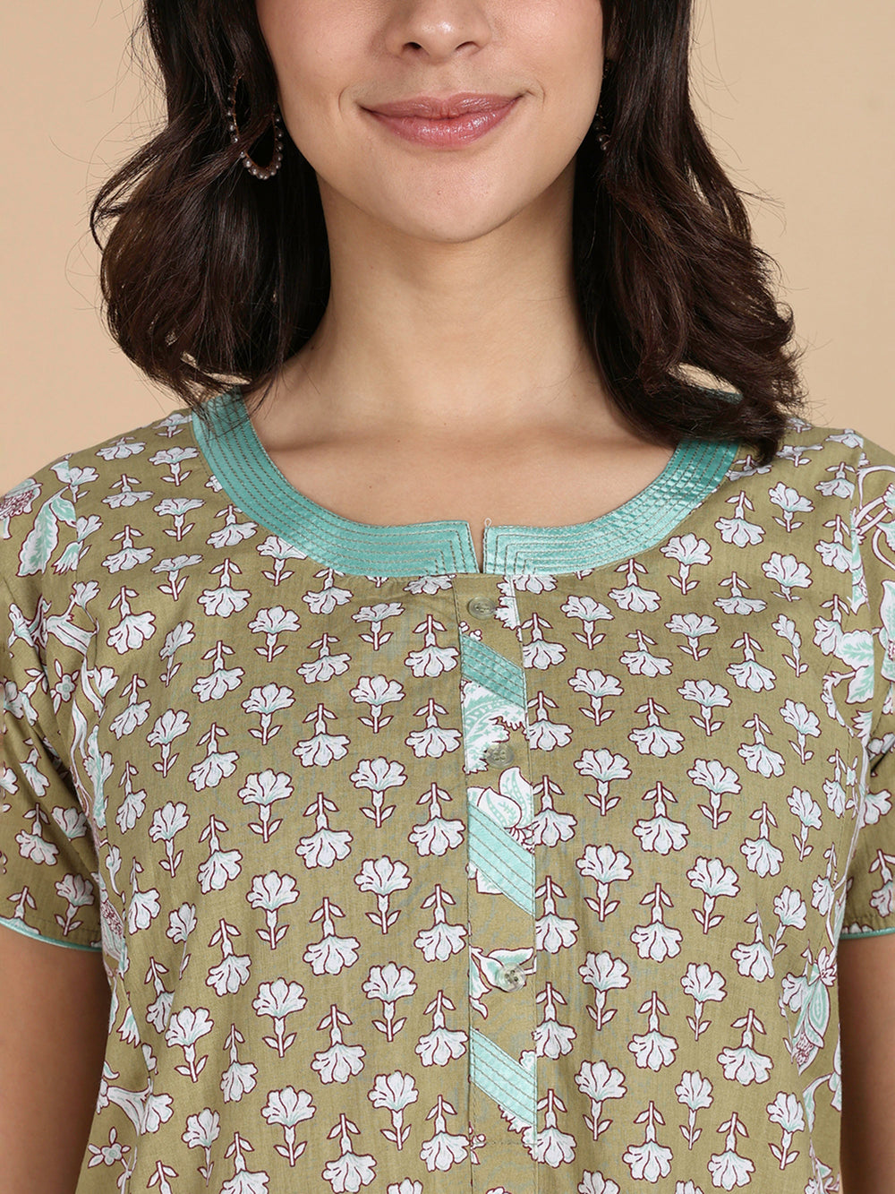 Olive Green Cozy Cotton Night Dress Online with Pocket
