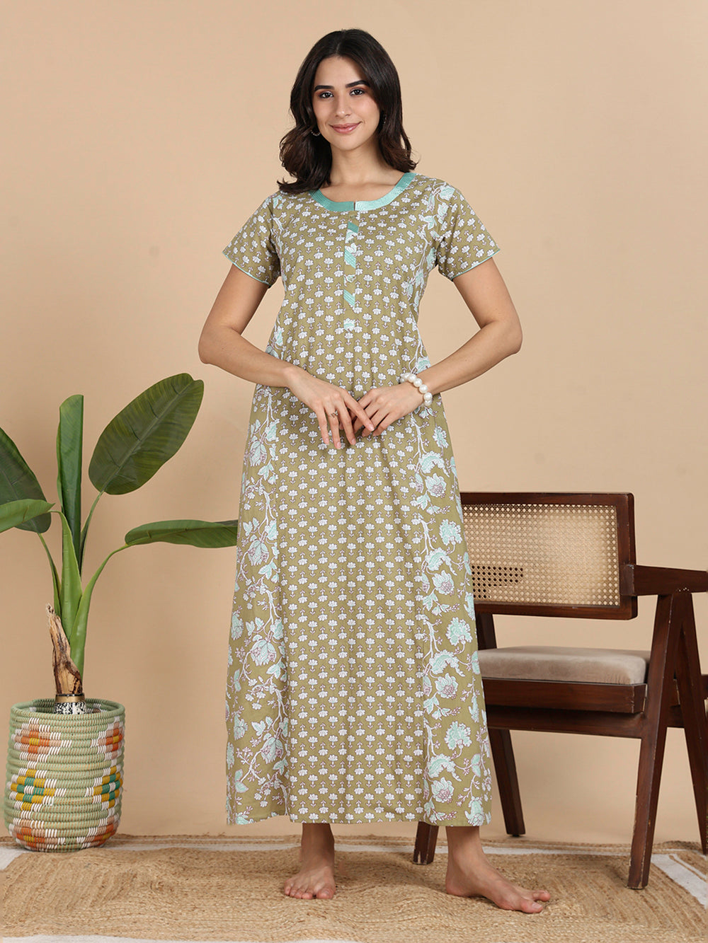 Olive Green Cozy Cotton Night Dress Online with Pocket