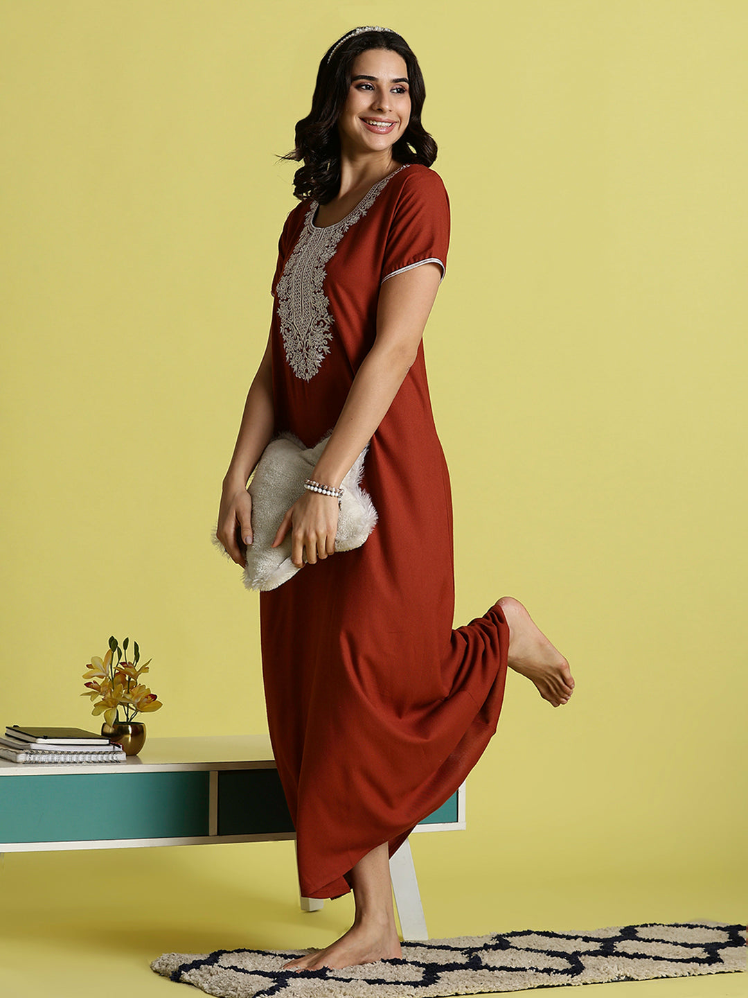 Orange Alpine Fabric Embroidery Nighty for Women with Pocket
