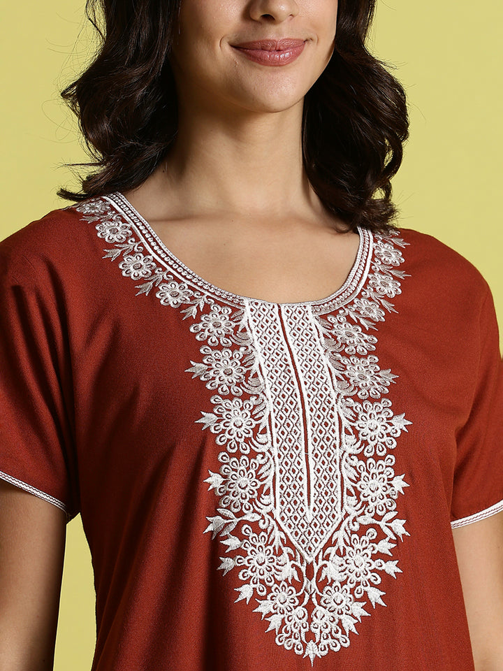 Orange Alpine Embroidered A-Line Designer Nighty with Pocket