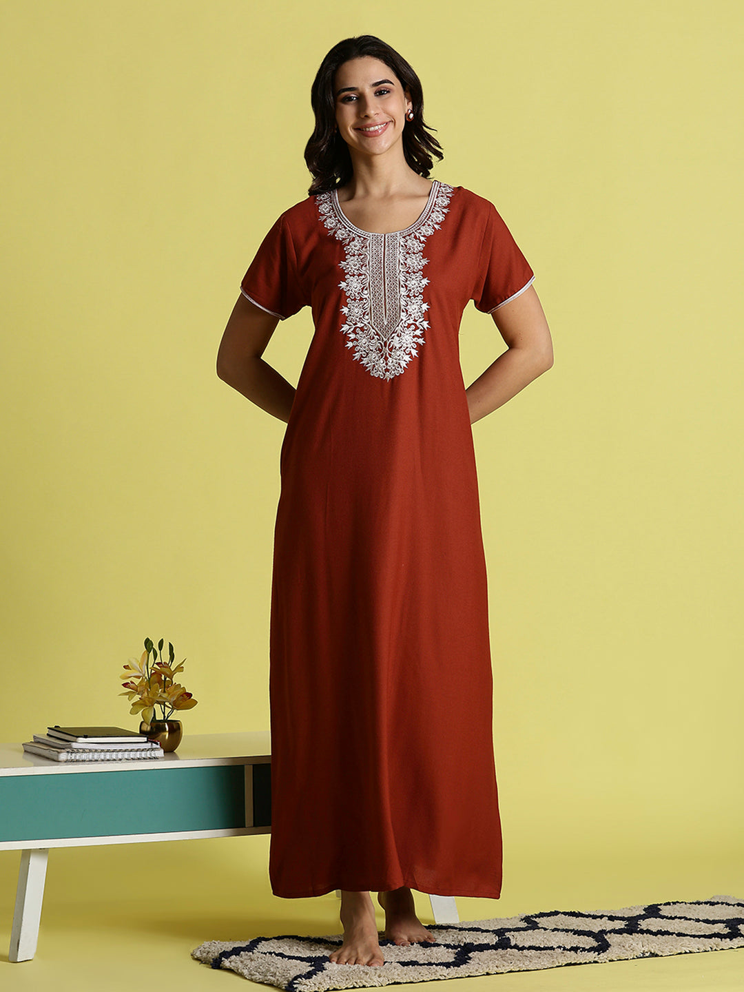 Orange Alpine Embroidered A-Line Designer Nighty with Pocket