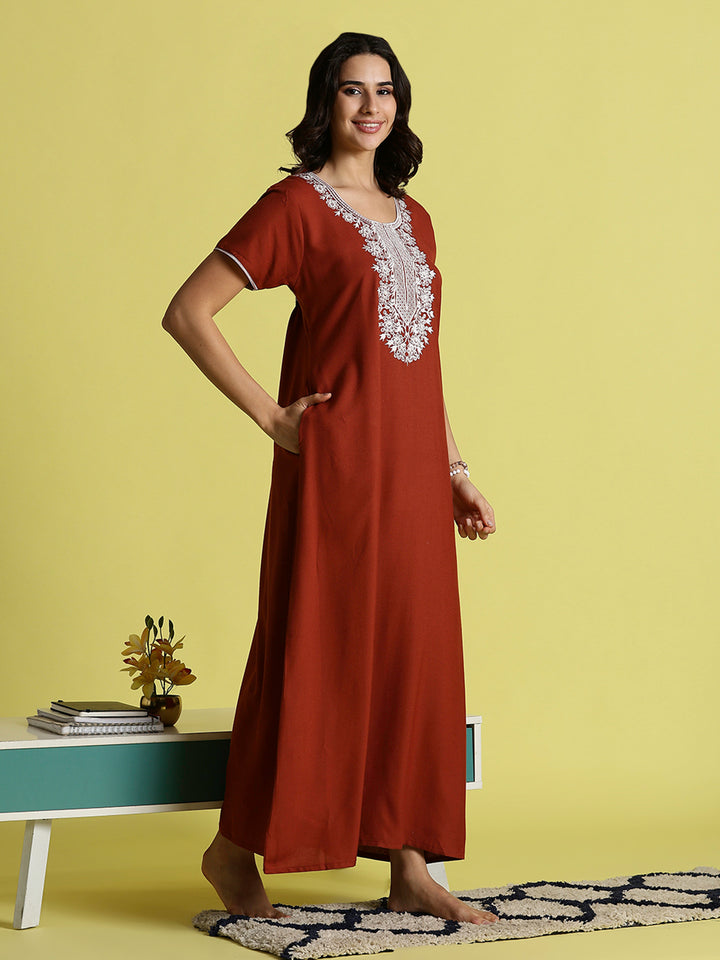 Orange Alpine Embroidered A-Line Designer Nighty with Pocket