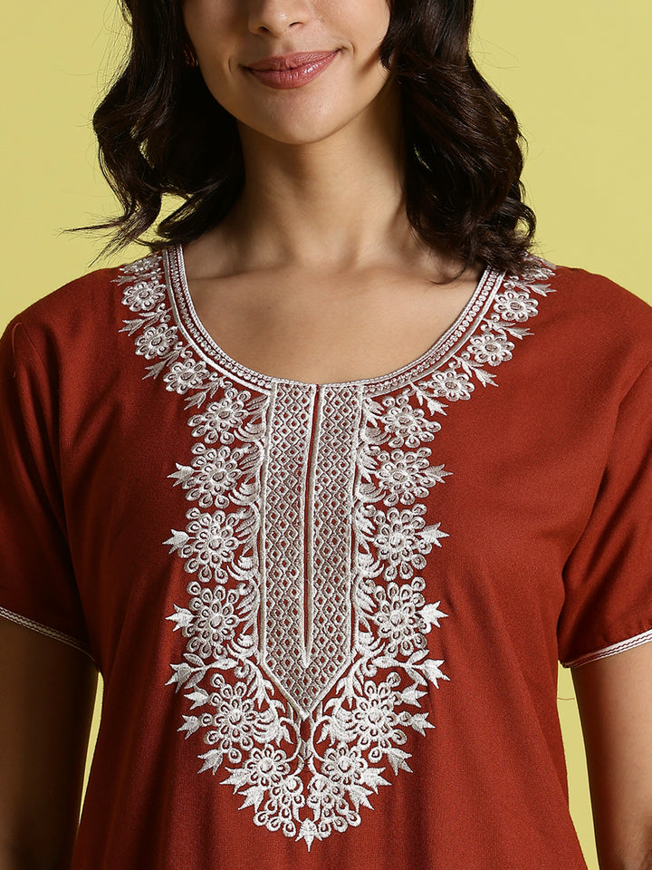 Orange Alpine Embroidered A-Line Designer Nighty with Pocket