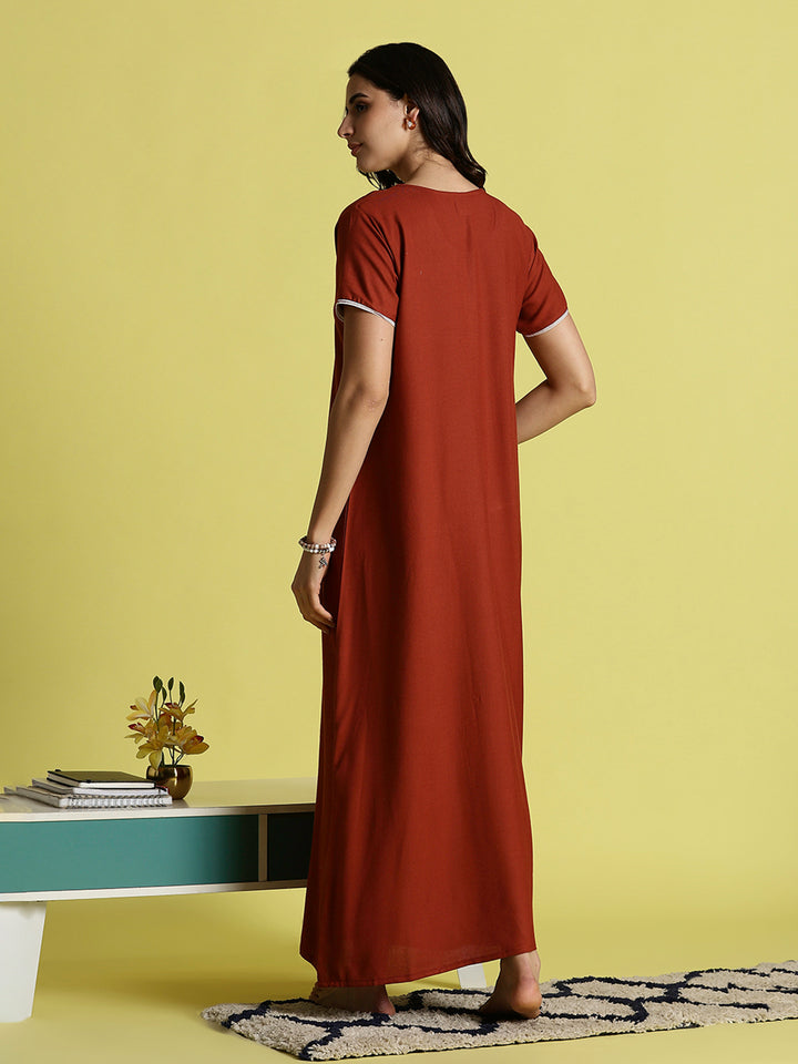 Orange Alpine Embroidered A-Line Designer Nighty with Pocket