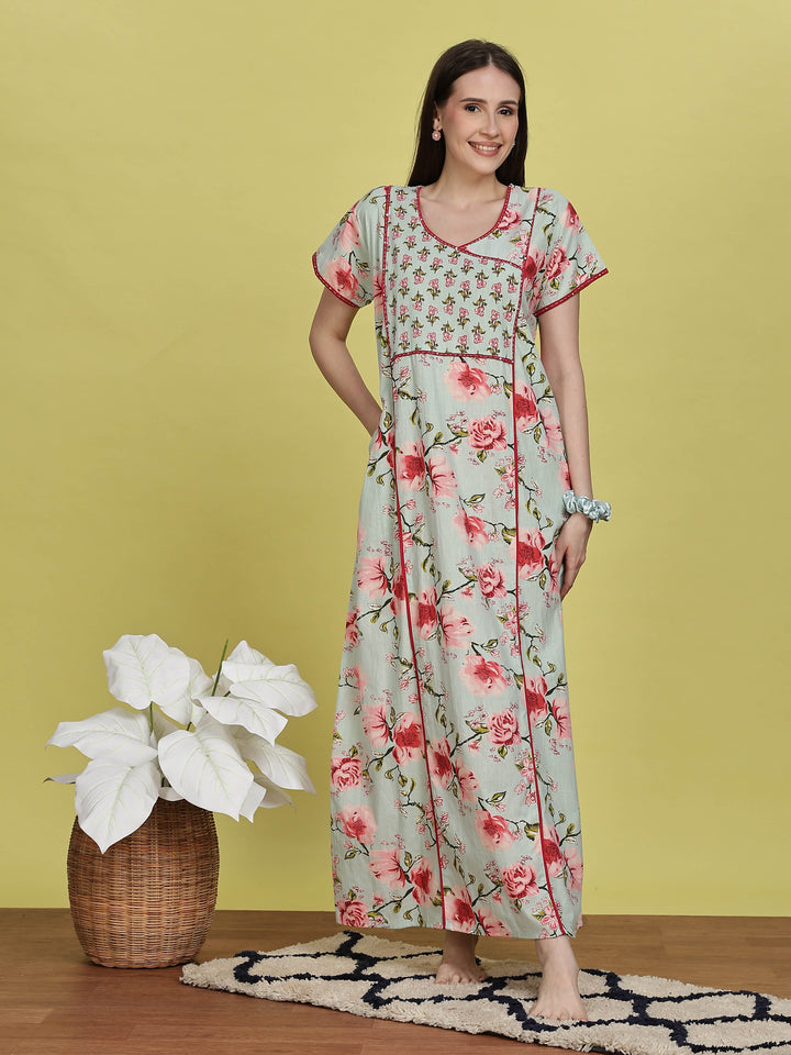 Pastel Green Floral Jaipuri Cotton Night Dress for Women