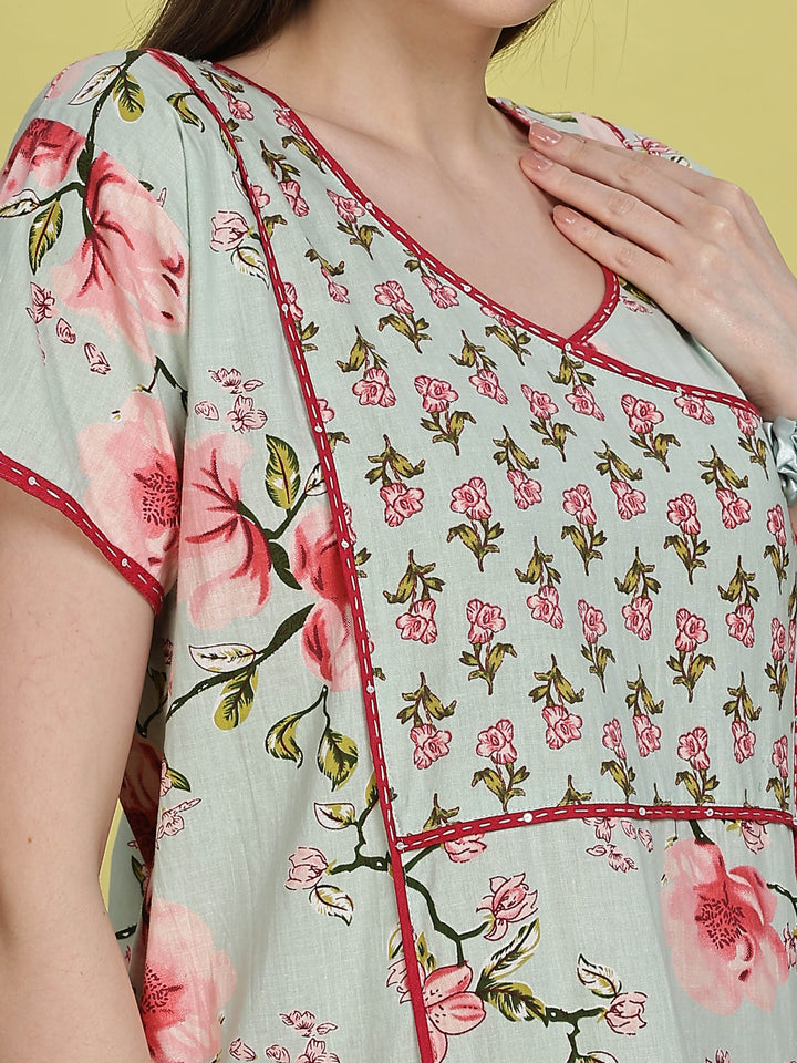 Pastel Green Floral Jaipuri Cotton Night Dress for Women