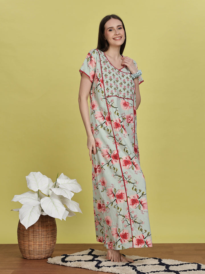 Pastel Green Floral Jaipuri Cotton Night Dress for Women