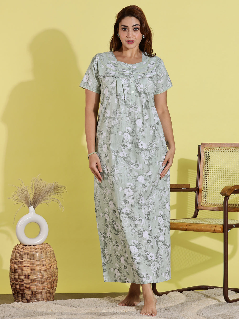 Pastel Green Pleated Pure Cotton Nighty for Women