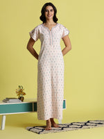 Premium Crush Cotton Designer Nighty for Women in Pastel Pink