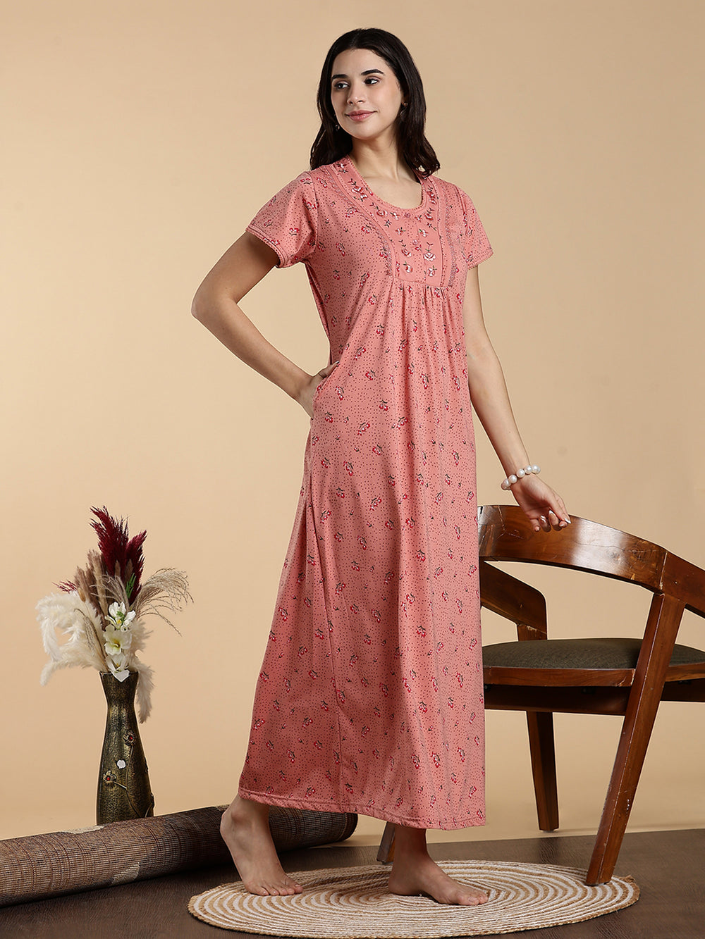 Soft Coral Peach Cotton Blend Branded Nighty for Women