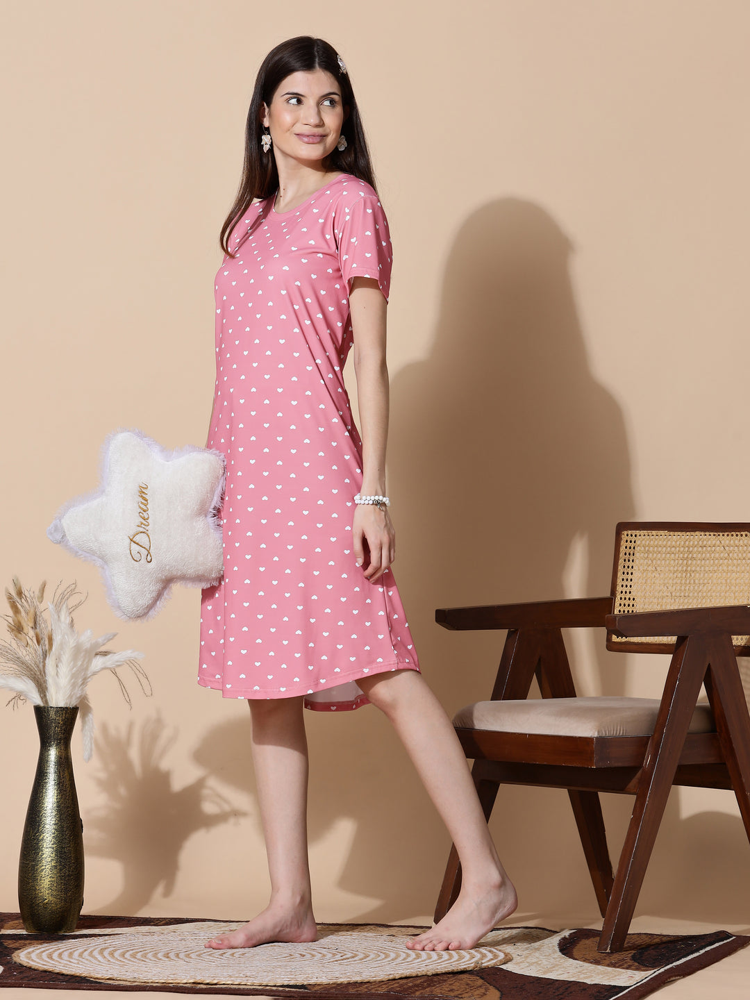 Peach Heart Cotton Short Nighty for Women