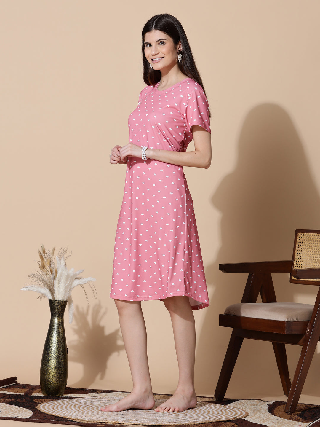 Peach Heart Cotton Short Nighty for Women