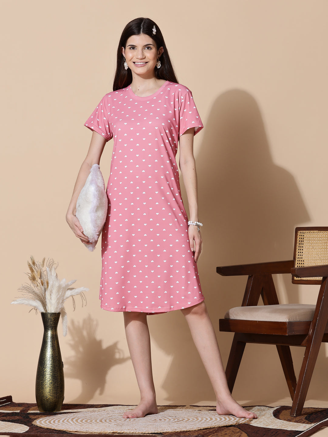 Peach Heart Cotton Short Nighty for Women