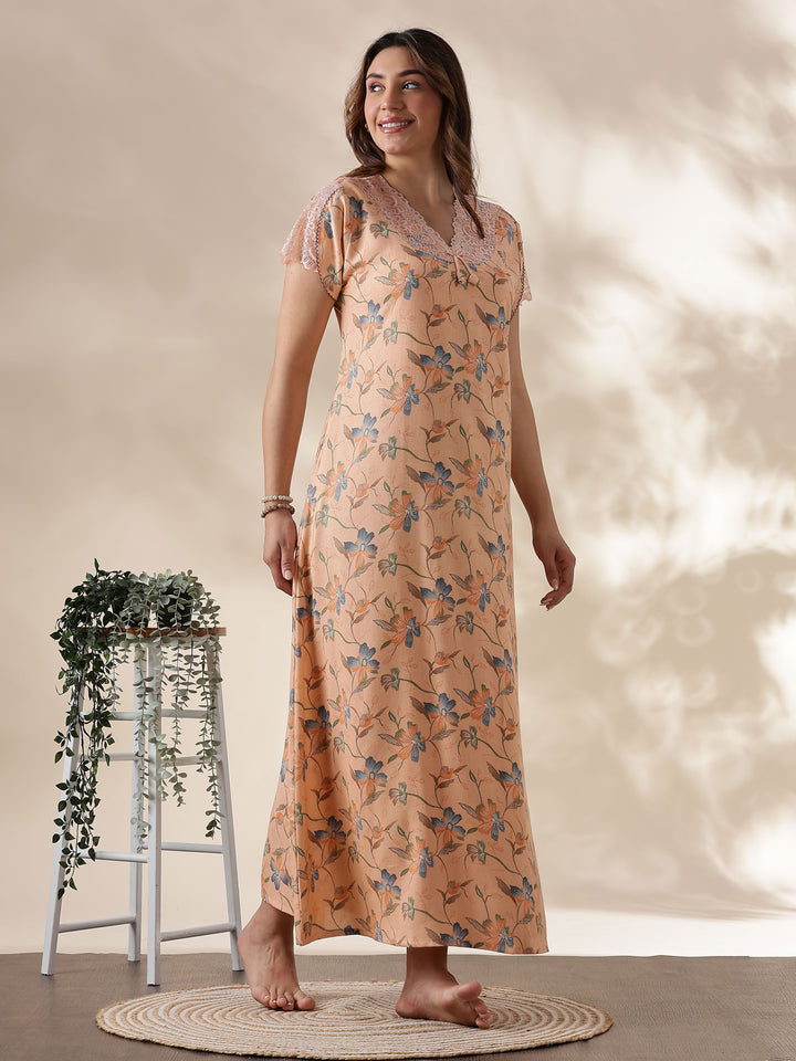 Peach Alpine Nighty for Women with Lace Detailing