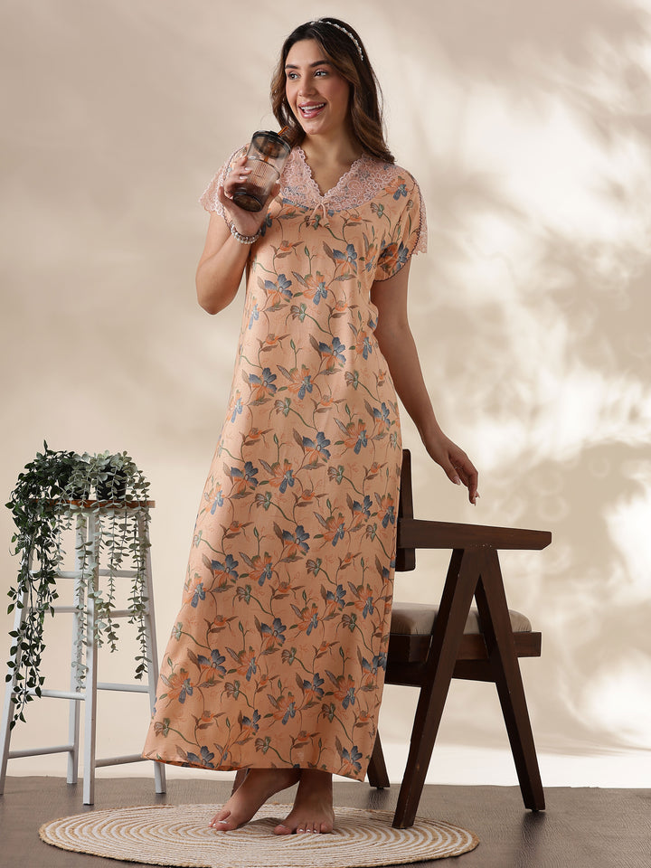 Peach Alpine Nighty for Women with Lace Detailing
