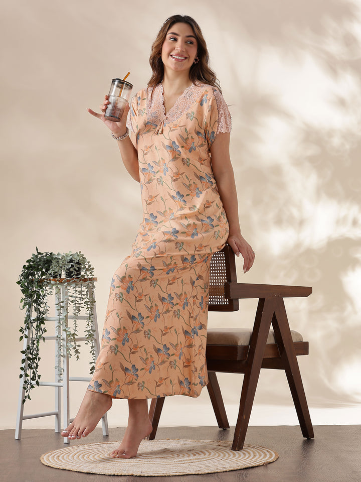 Peach Alpine Nighty for Women with Lace Detailing