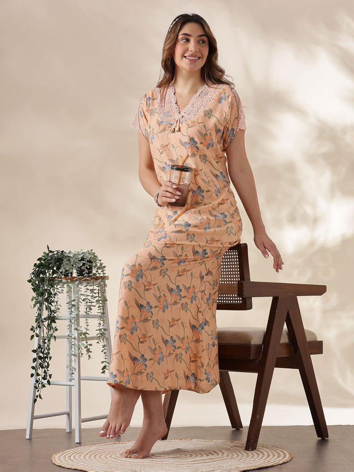 Peach Alpine Nighty for Women with Lace Detailing