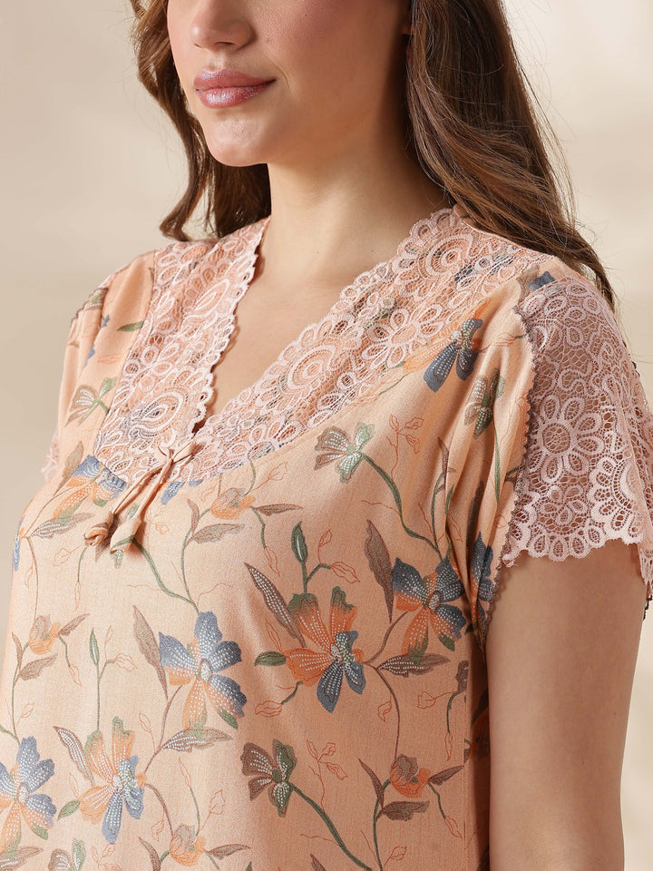 Peach Alpine Nighty for Women with Lace Detailing